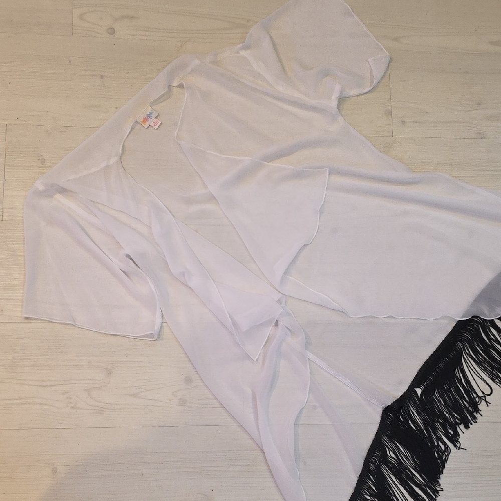 Lularoe Monroe Chic Sheer White Kimono with Black Fringe
